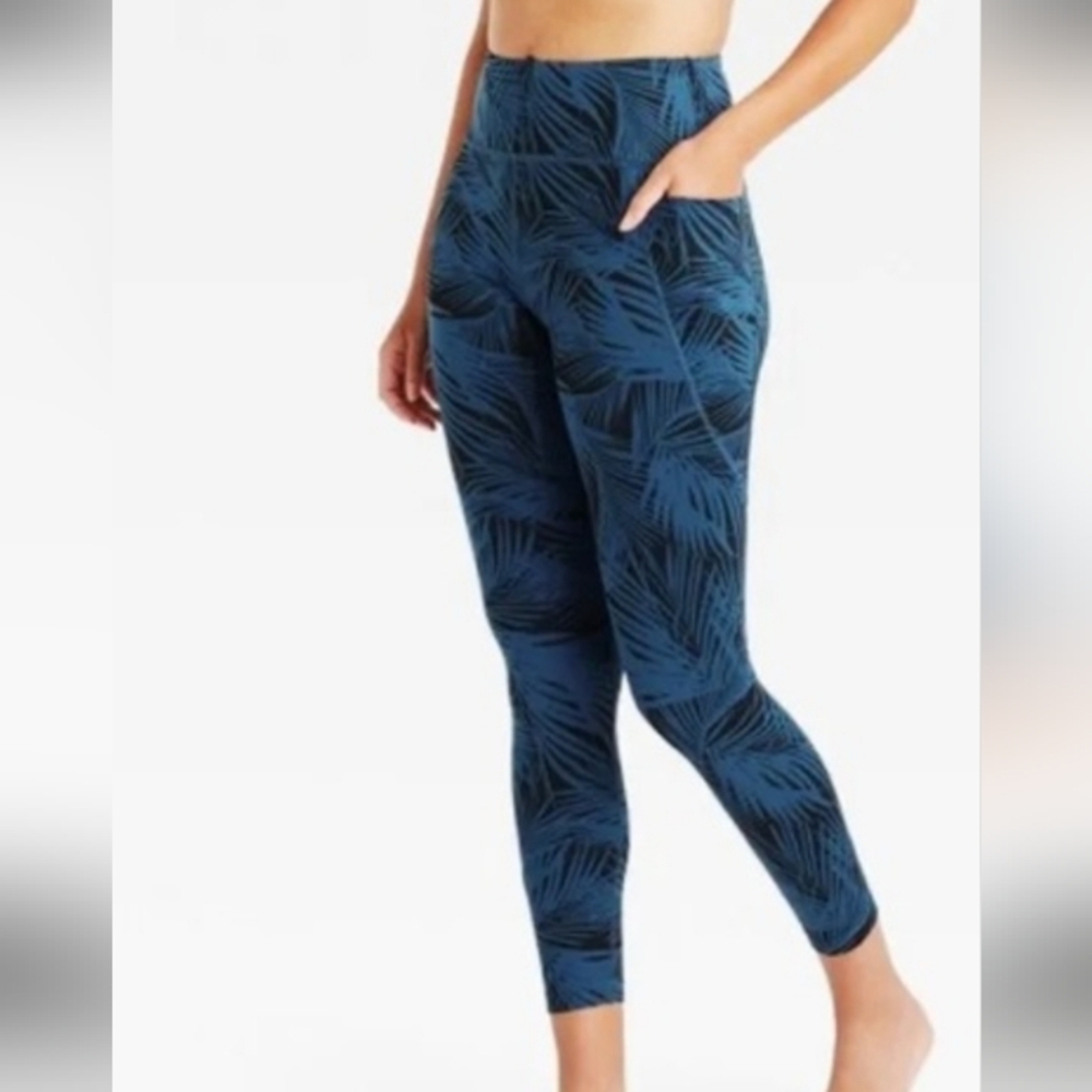 JoyLab Blue and Black Palm Frond  Patterned Leggings
